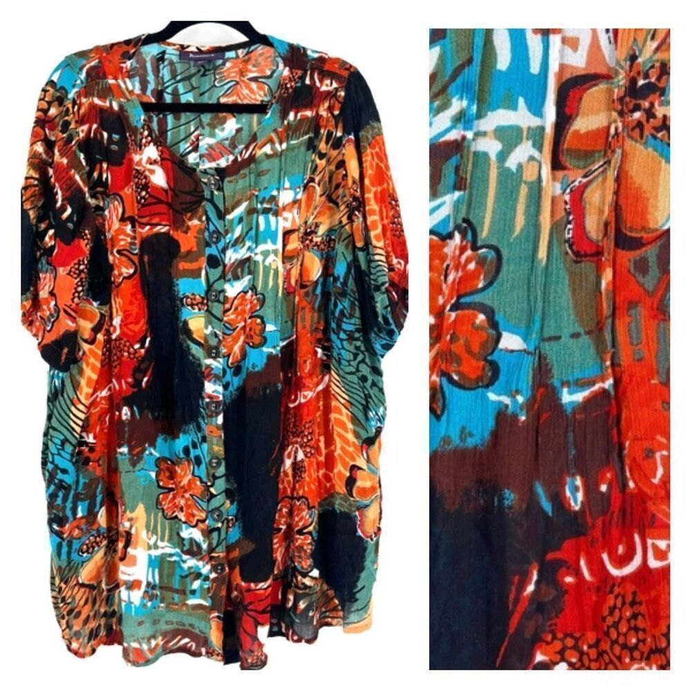 Roaman's Women's Floral Short Sleeve Button-Up Tunic Blouse Multi-Color Size 16W
